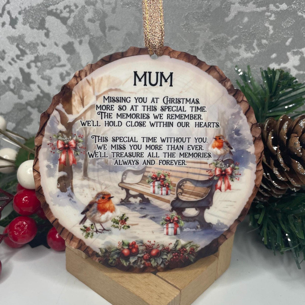 Missing You At Christmas robin memorial log slice bauble