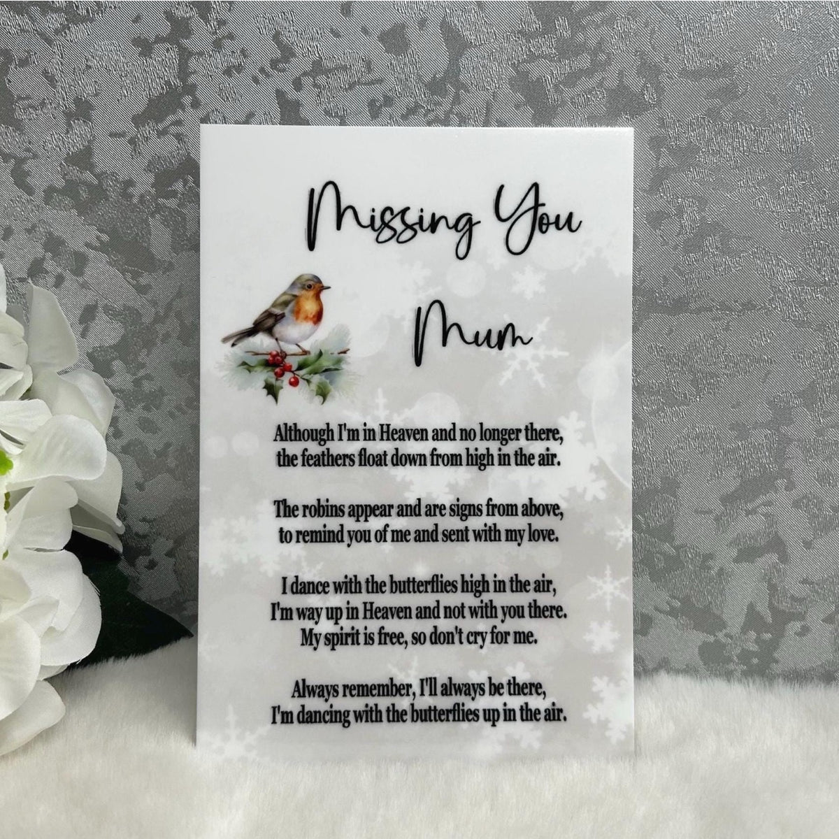Missing You Mum remembrance plaque with robin and heartfelt memorial poem