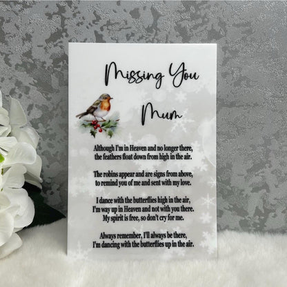 Missing You Mum remembrance plaque with robin and heartfelt memorial poem