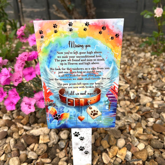 Missing You pet memorial grave marker with rainbow remembrance design