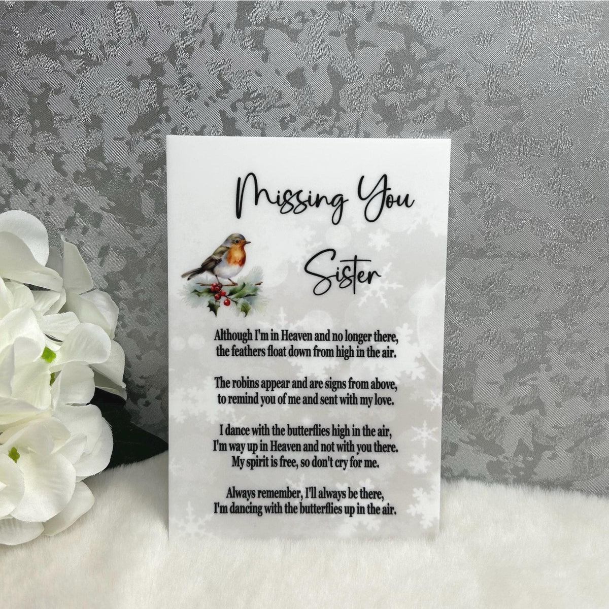 Missing You Sister personalised robin memorial plaque with remembrance wording