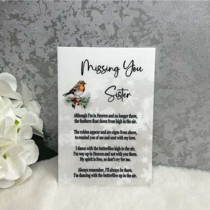 Missing You Sister personalised robin memorial plaque with remembrance wording