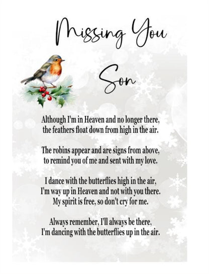 Close-up of Missing You Son robin memorial plaque design and poem