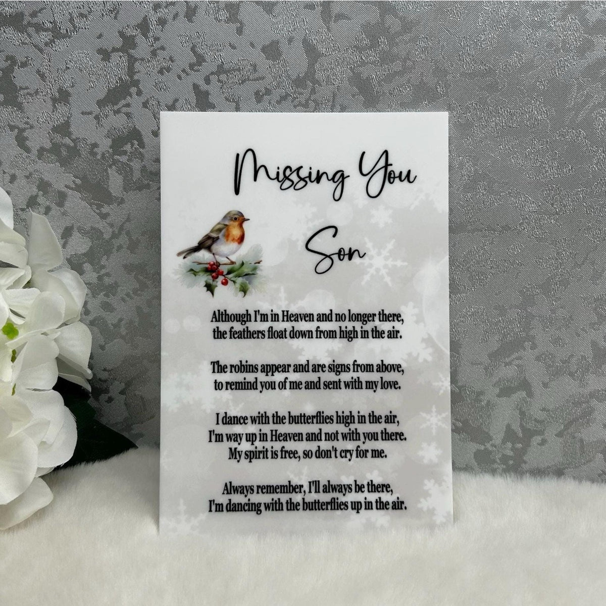 Missing You Son acrylic memorial plaque with robin and remembrance poem