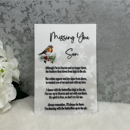 Missing You Son acrylic memorial plaque with robin and remembrance poem