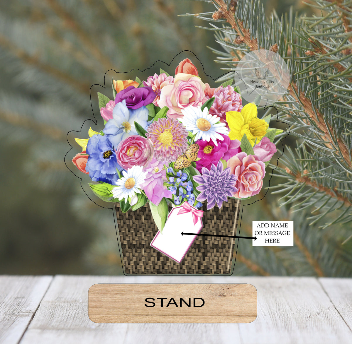 Personalised mixed flower bouquet plaque with name and special wording
