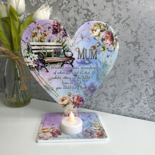 Mum memorial heart tealight plaque with personalised remembrance wording