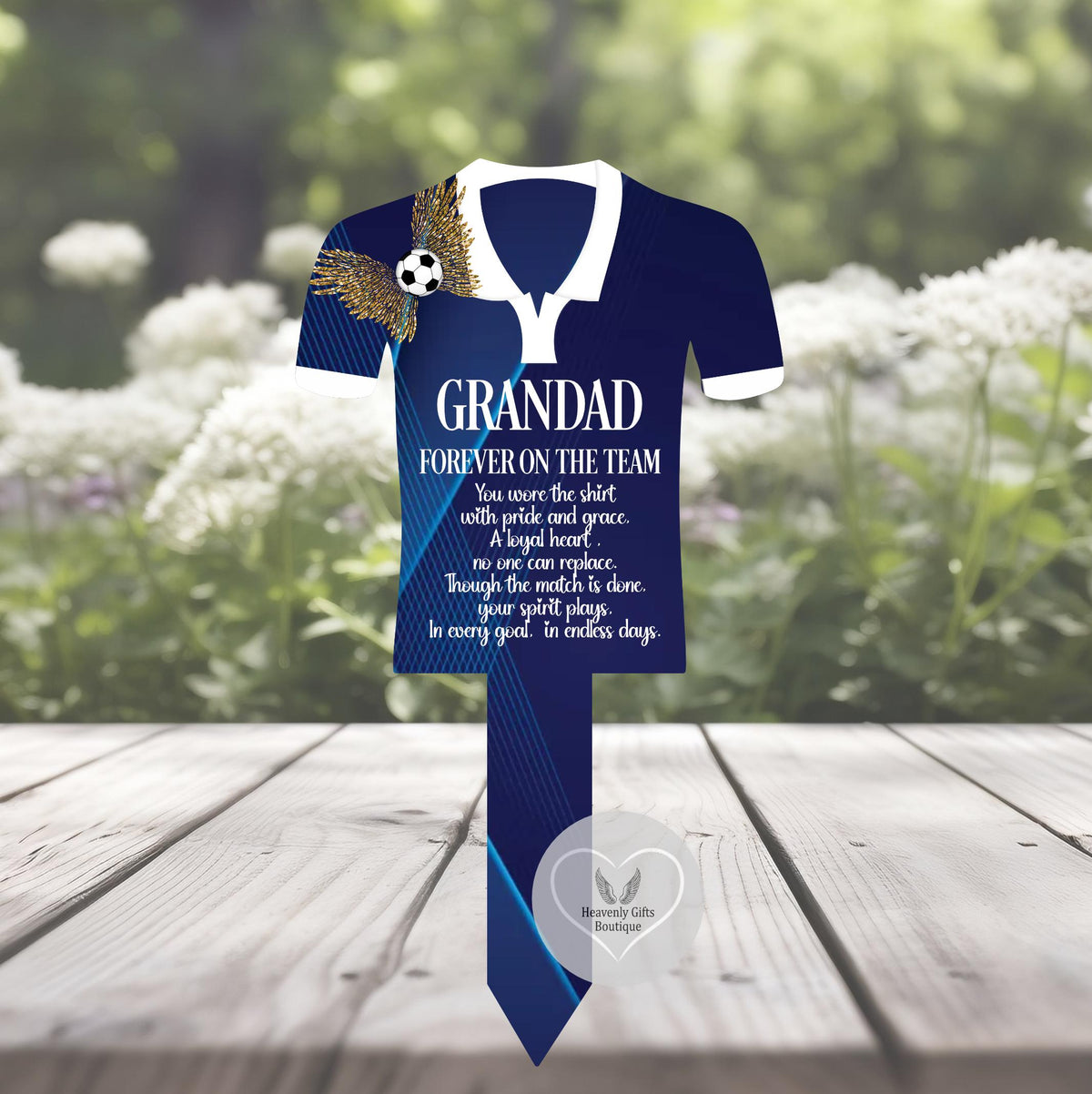 Navy personalised football shirt memorial grave marker for Grandad with remembrance poem
