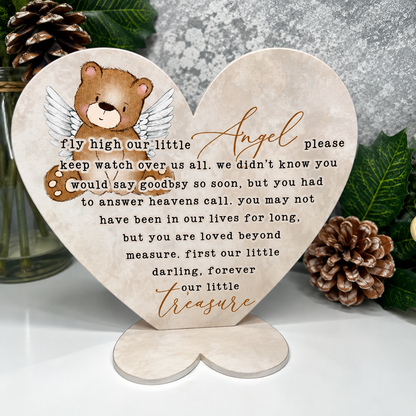Neutral baby loss memorial heart plaque with angel teddy remembrance design