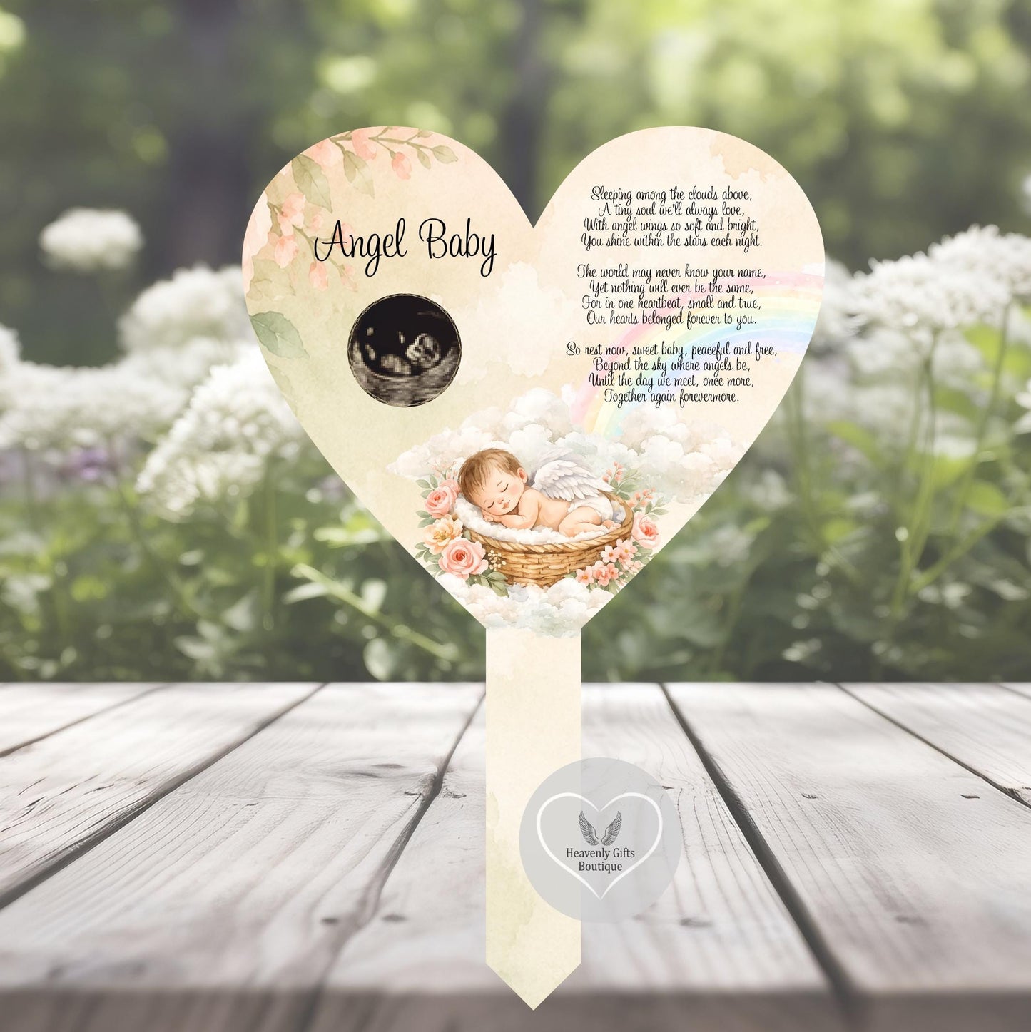 Neutral baby loss grave marker with ultrasound photo, name and remembrance poem