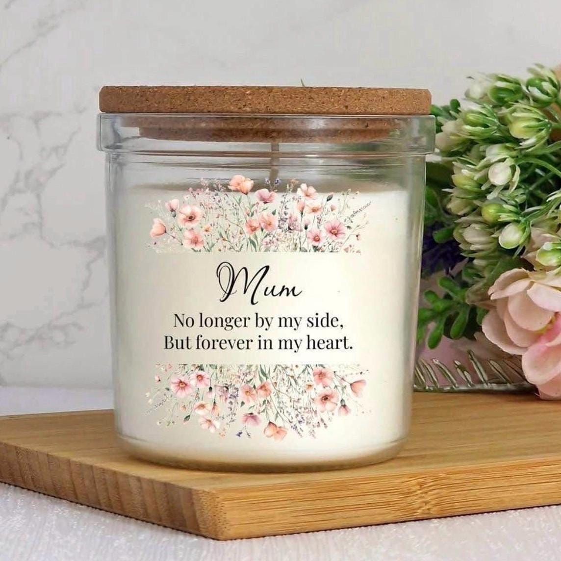 Candle in a glass jar with floral design and text for mum
