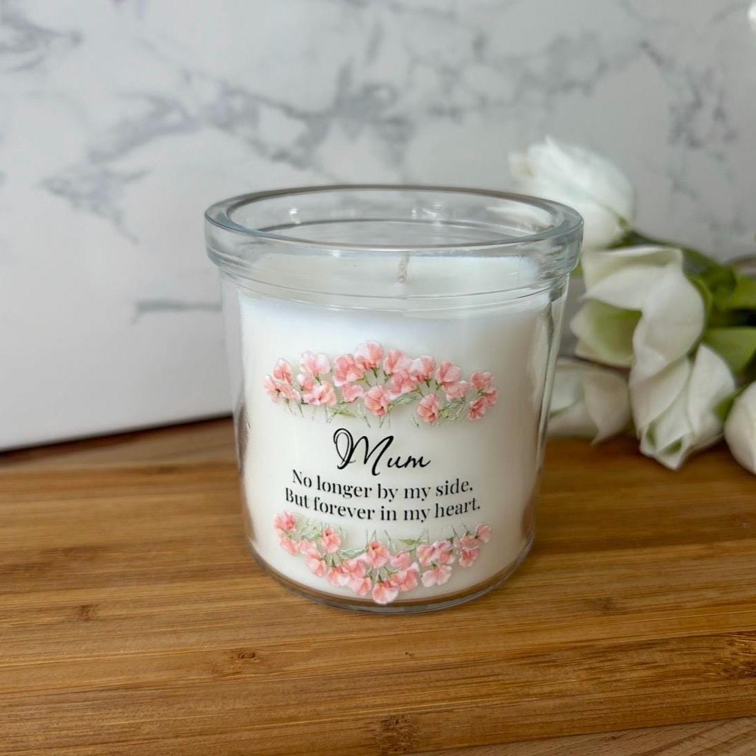 'Forever in my heart' memorial candle design close-up