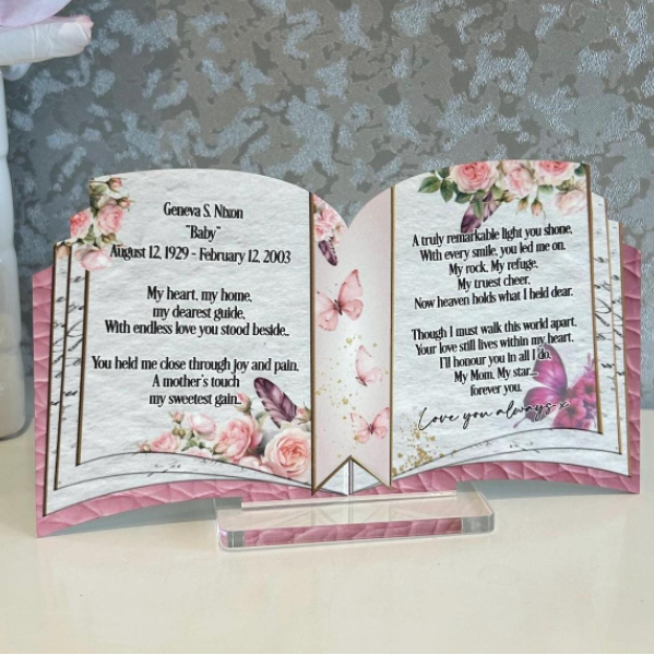Personalised open book memorial plaque remembrance design