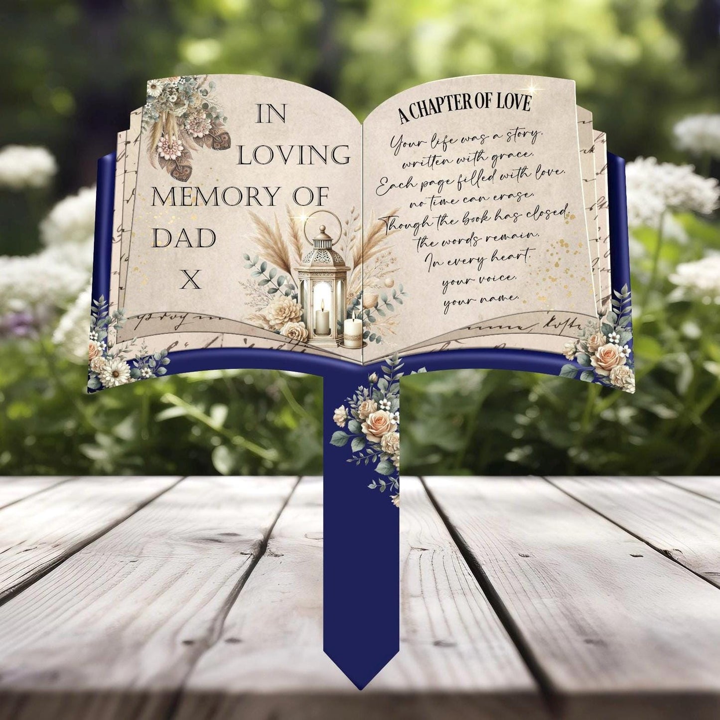 Open book grave marker for Dad with personalised letter and dates