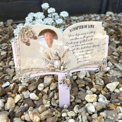 Personalised Mum memorial open book grave marker with A Chapter of Love poem