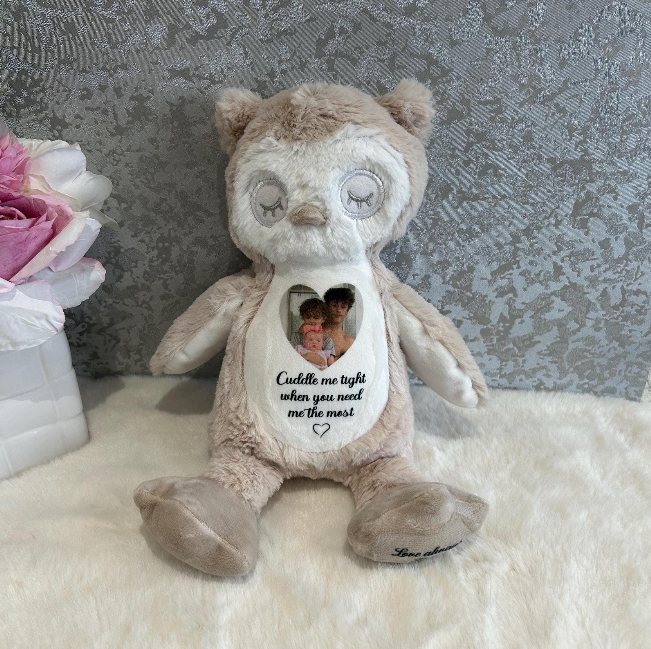 Owl memorial teddy personalised with photo and remembrance message