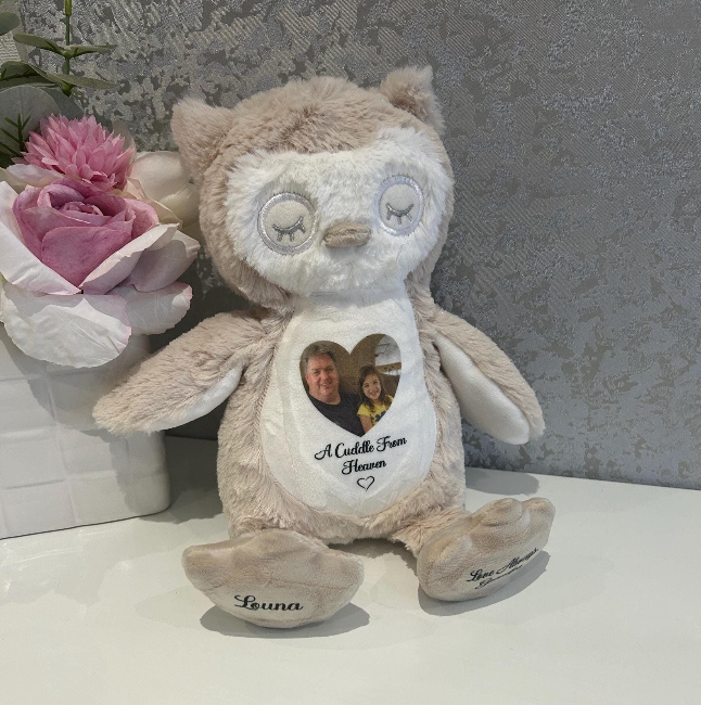 Owl photo memory teddy personalised with memorial photograph and wording