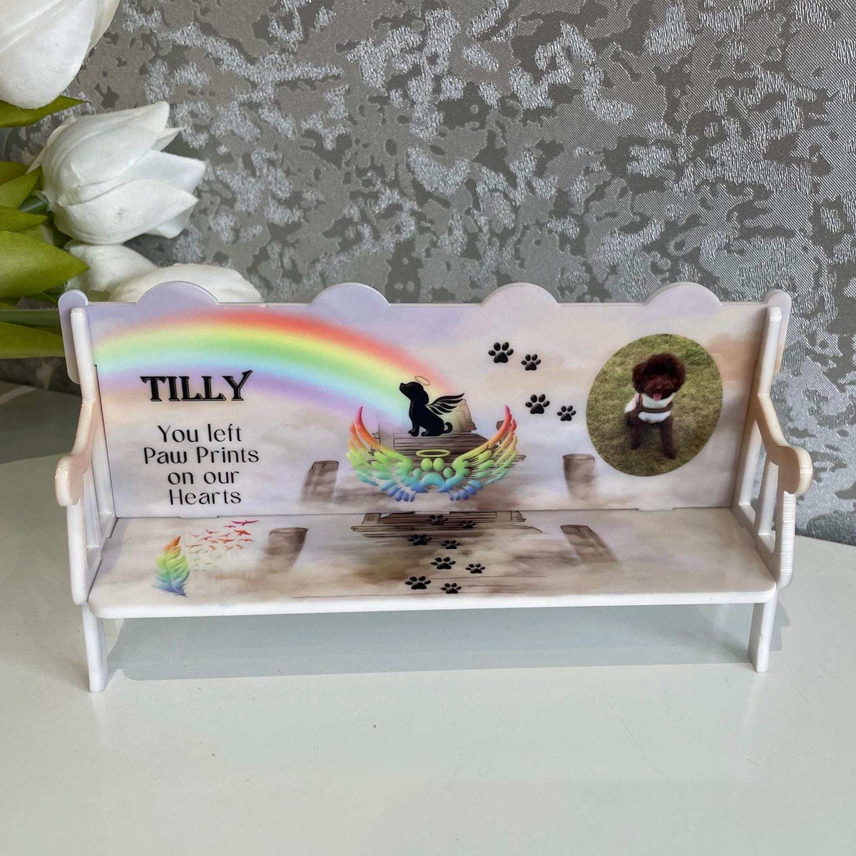Paw Prints pet memorial bench personalised with photo and rainbow design