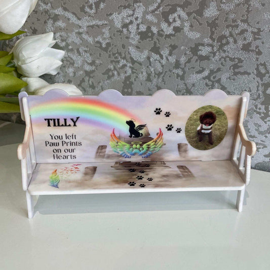 Paw Prints pet memorial bench personalised with photo and rainbow design