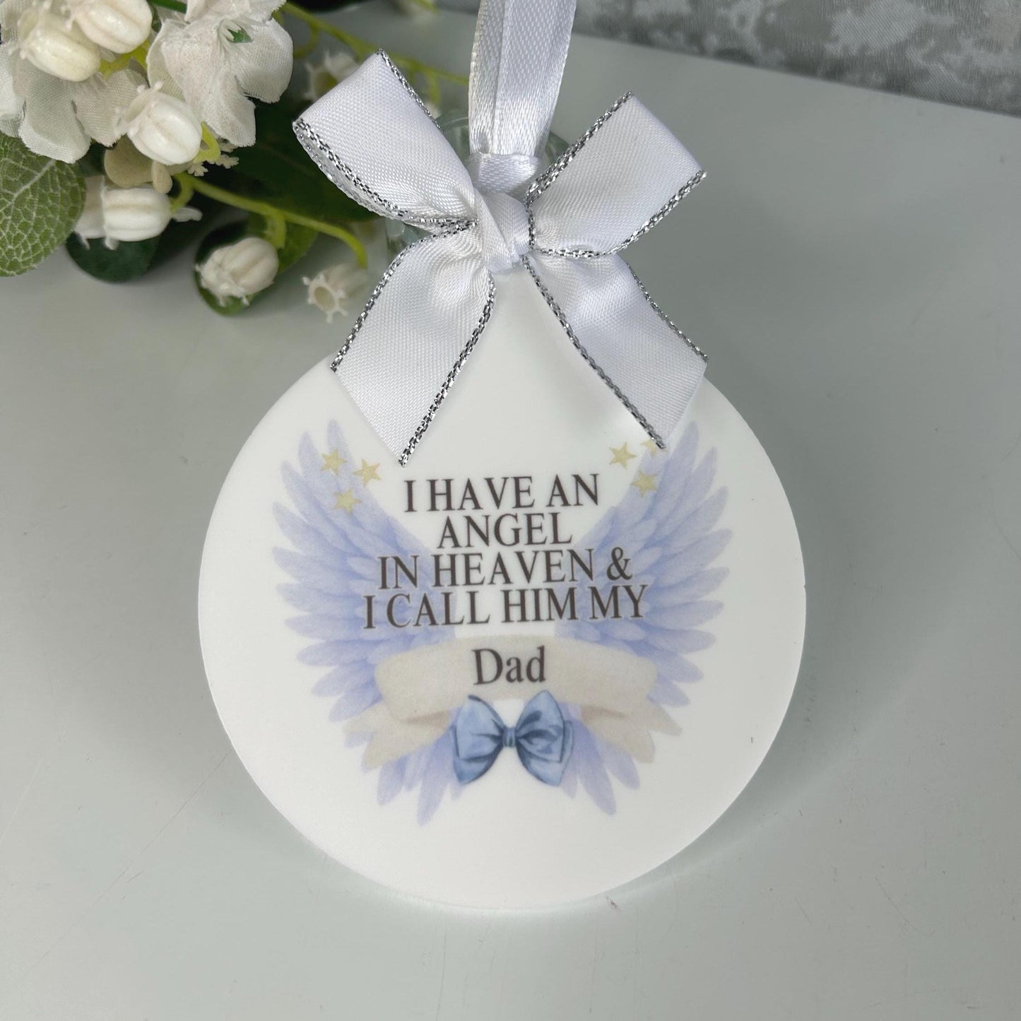 Personalised I Have An Angel In Heaven memorial bauble with angel wings