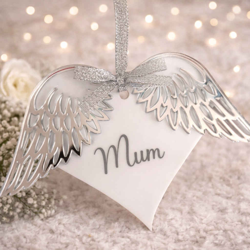 Personalised silver angel wings hanging decoration with memorial heart centre
