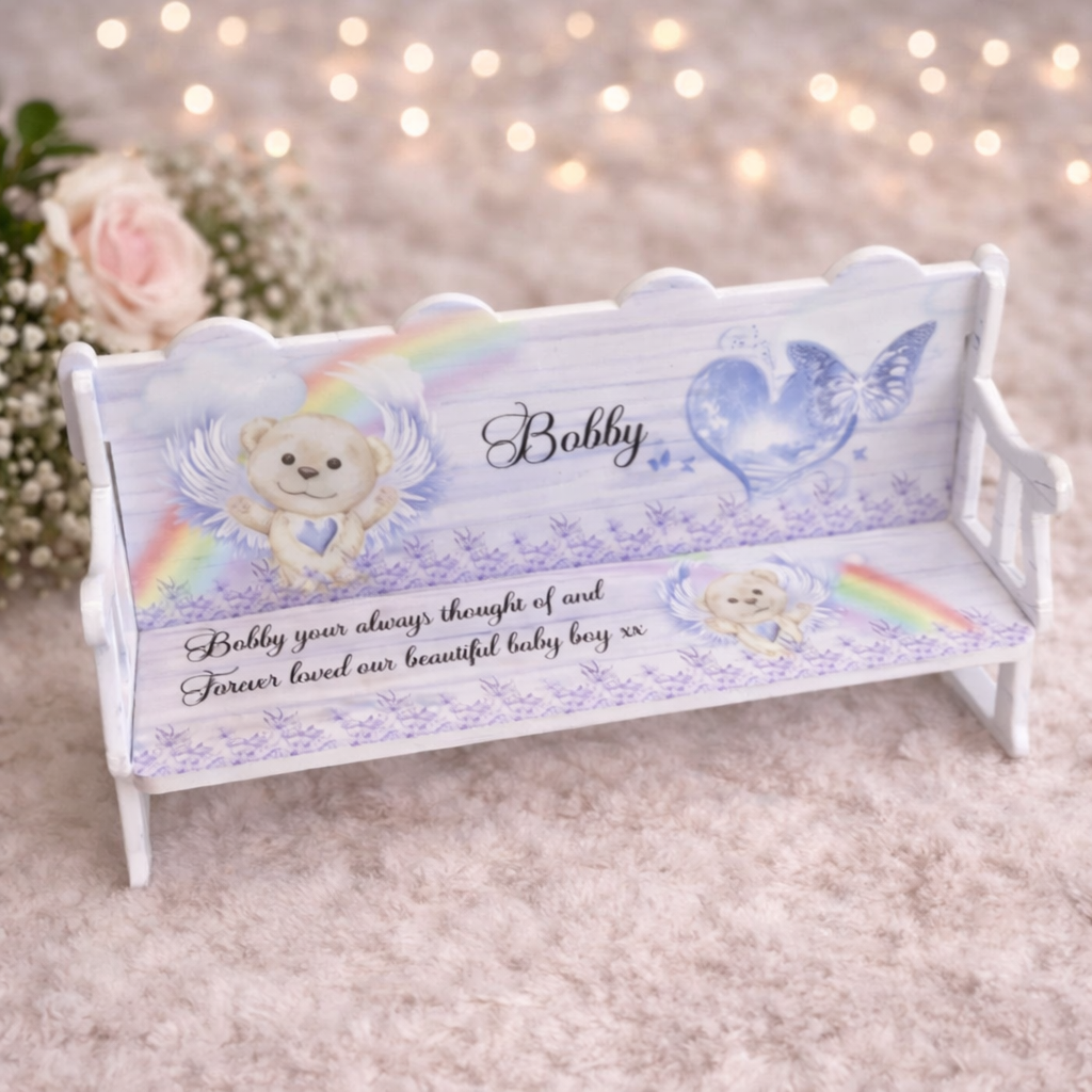 Personalised baby loss memorial bench keepsake with teddy bear design