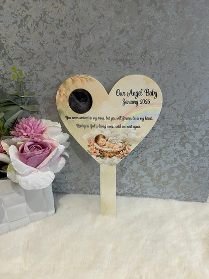 Personalised baby loss memorial grave marker with ultrasound photo, angel baby and rainbow design