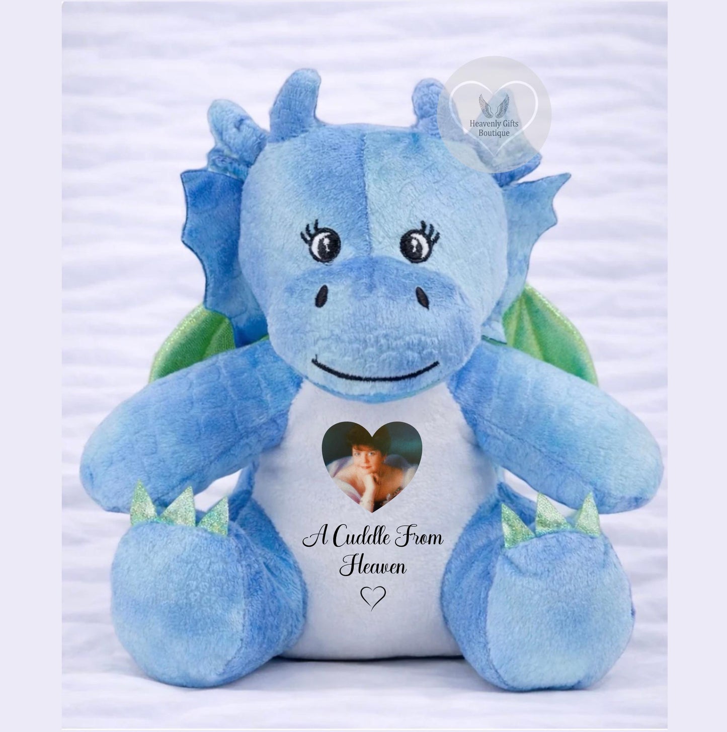 Personalised blue dragon memorial teddy with green wings, heart-shaped photo and A Cuddle From Heaven wording