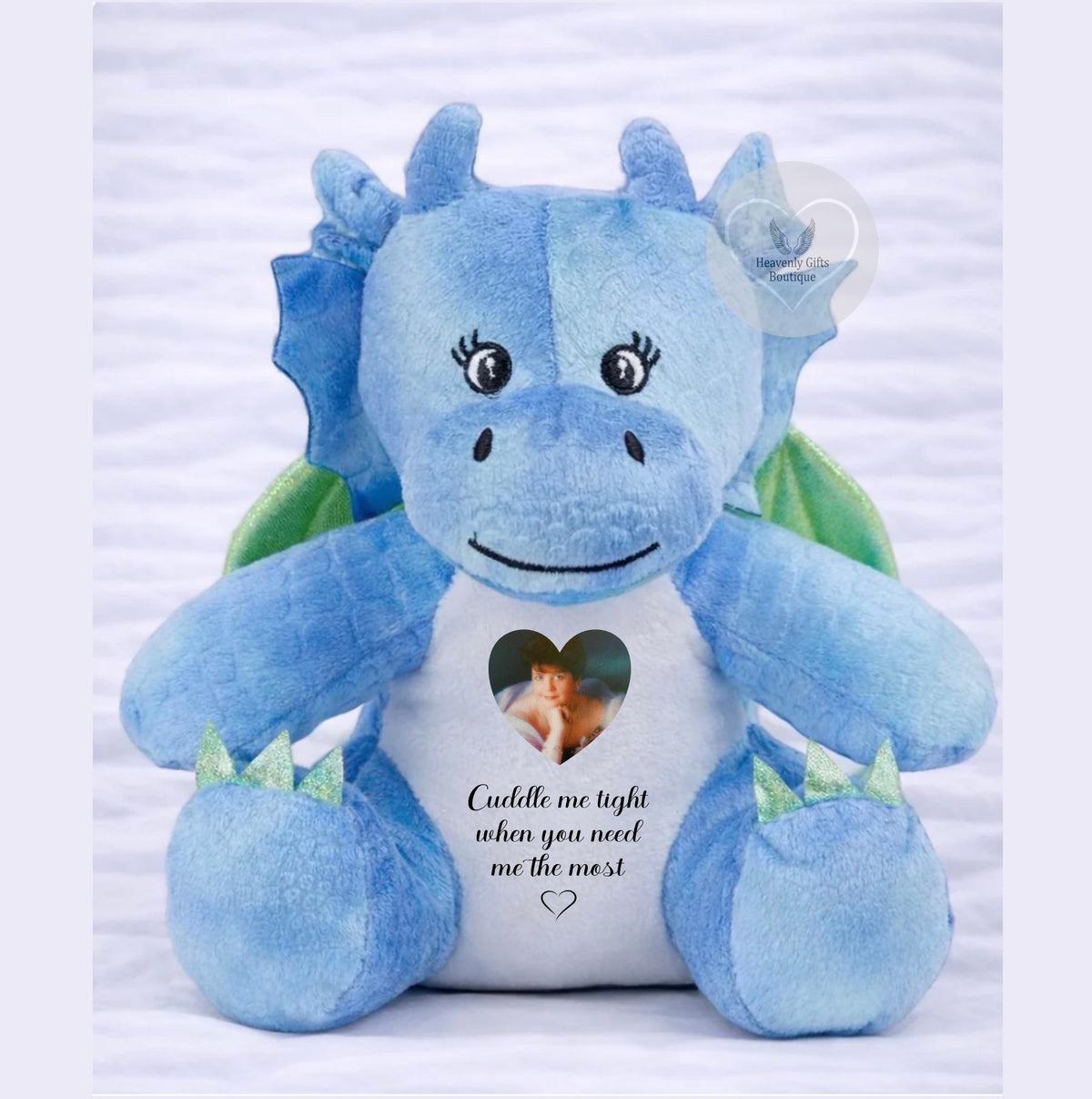 Personalised blue dragon memorial teddy with green wings, heart-shaped photo and Cuddle Me Tight wording