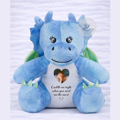 Personalised blue dragon memorial teddy with green wings, heart-shaped photo and Cuddle Me Tight wording