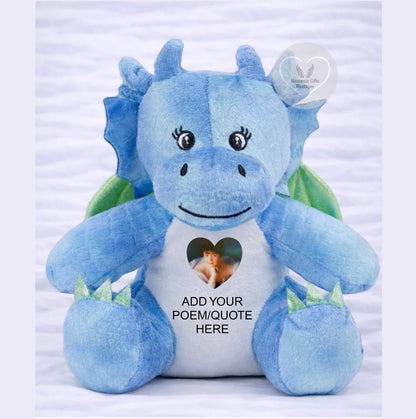 Personalised blue dragon memorial teddy with heart-shaped photo and space for your own poem or quote