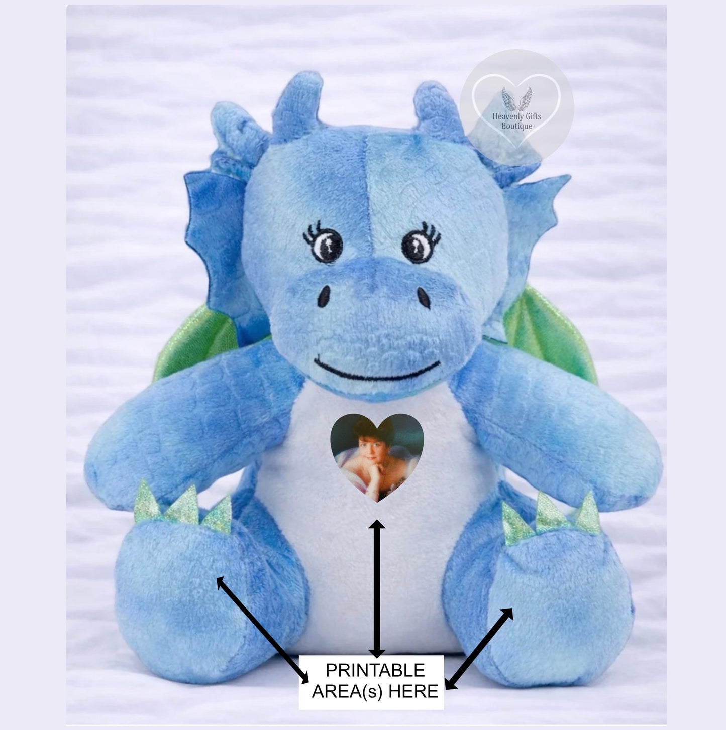Blue dragon memorial teddy showing the printable photo, tummy and foot areas