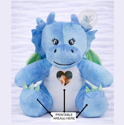 Blue dragon memorial teddy showing the printable photo, tummy and foot areas