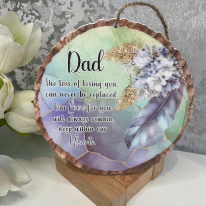 Personalised blue memorial feather poem wood slice with loved one’s name