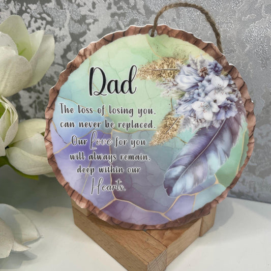 Personalised blue memorial feather poem wood slice with loved one’s name