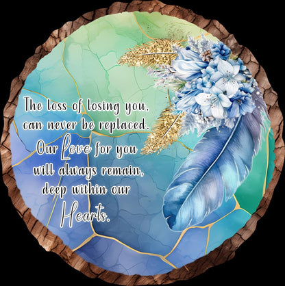 Personalised blue memorial wood slice with Our Hearts remembrance wording