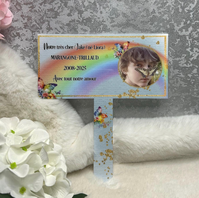 Personalised blue rainbow and butterfly grave marker with remembrance wording