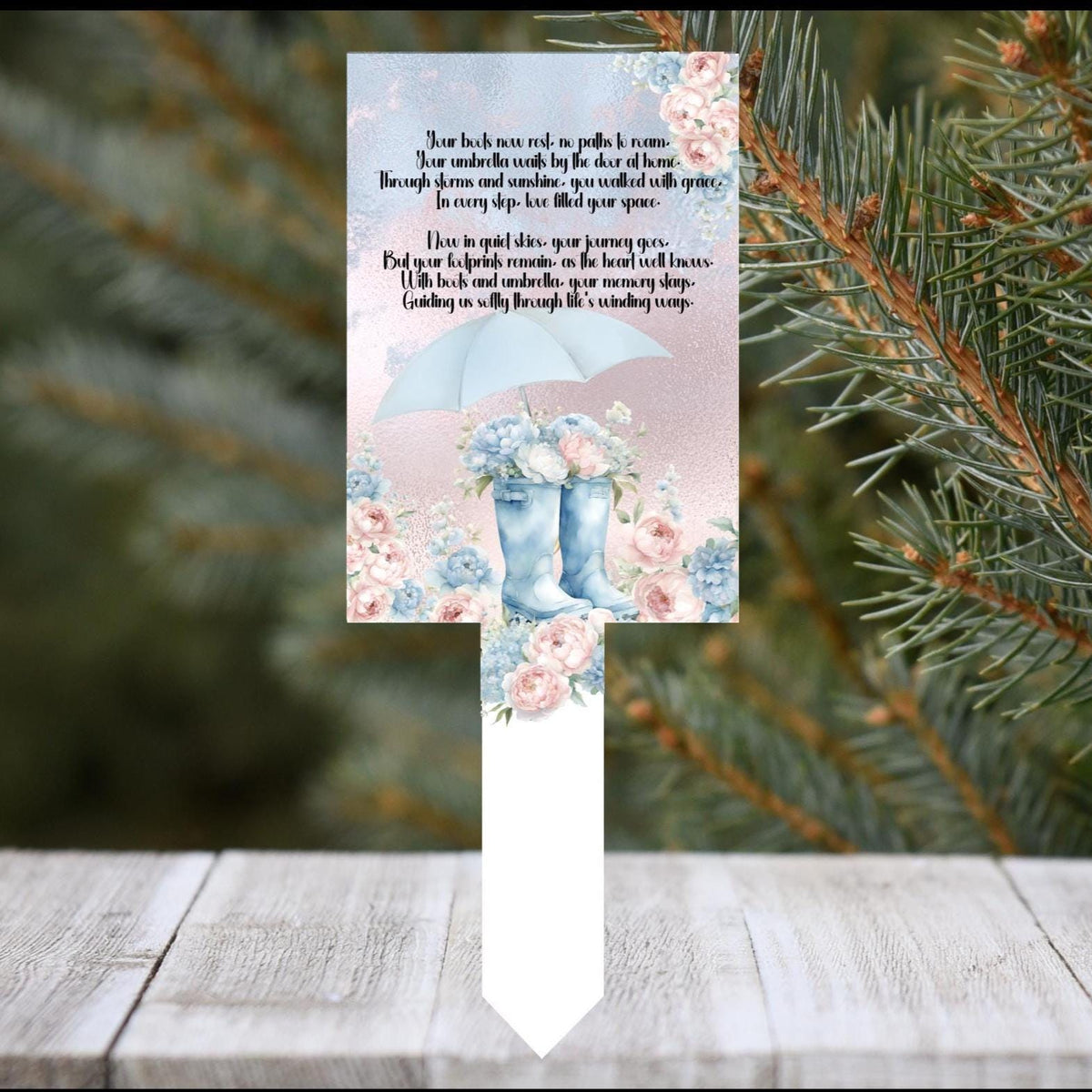 Personalised boots and umbrella memorial grave marker with remembrance poem