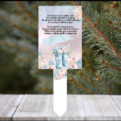 Personalised boots and umbrella memorial grave marker with remembrance poem