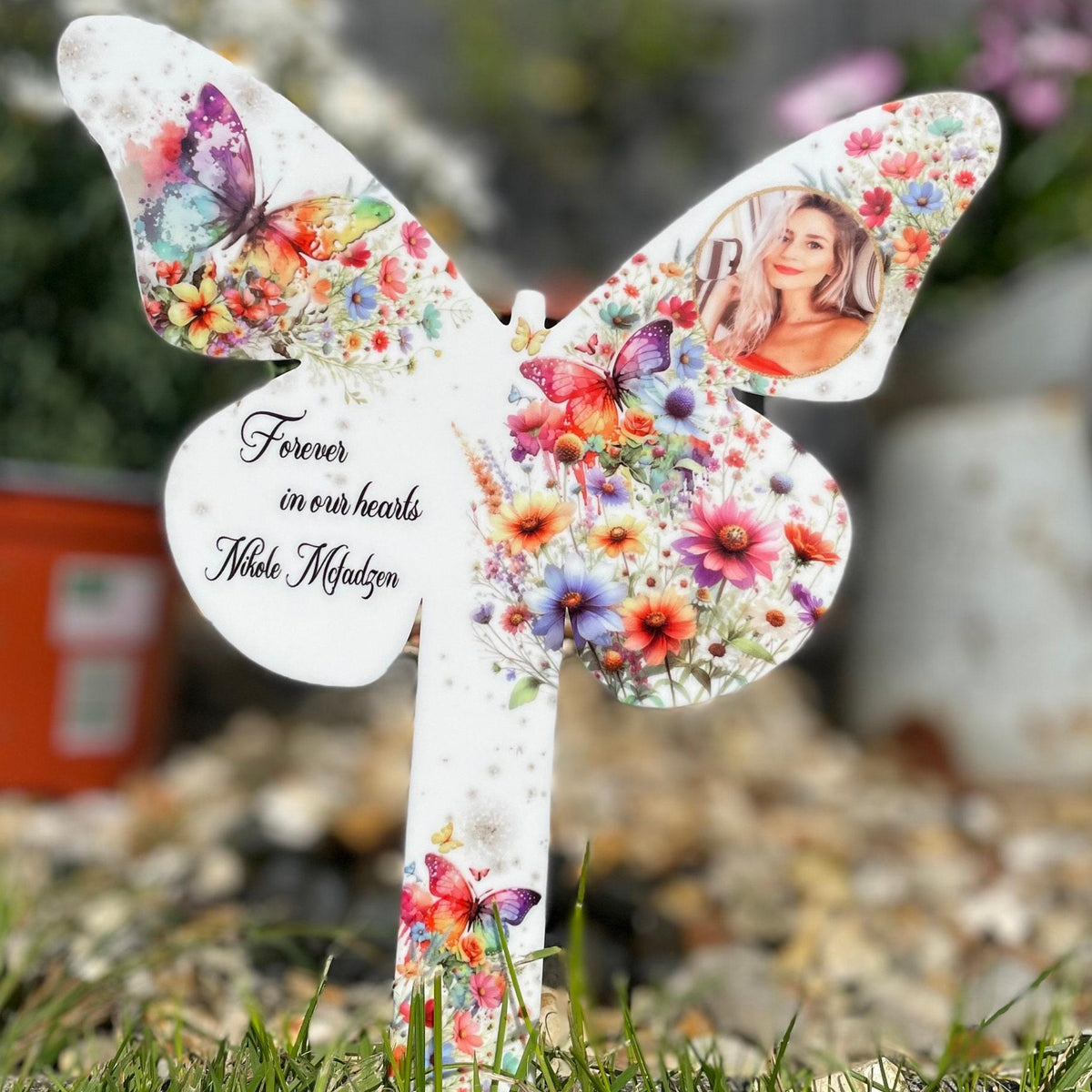 Personalised butterfly memorial grave marker with remembrance wording