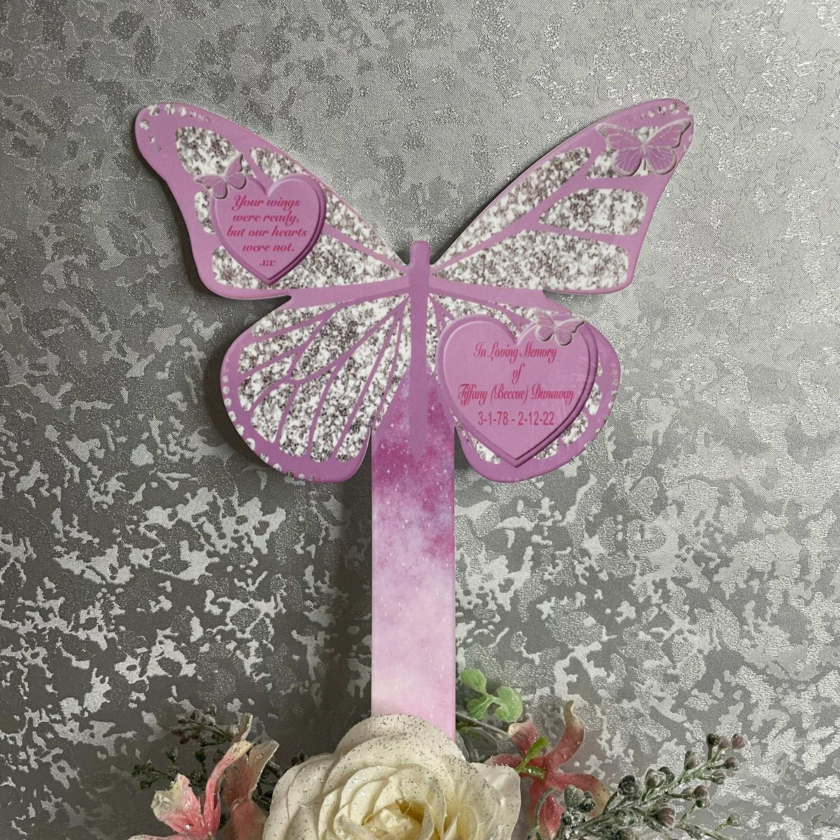 Personalised butterfly remembrance grave marker with memorial wording