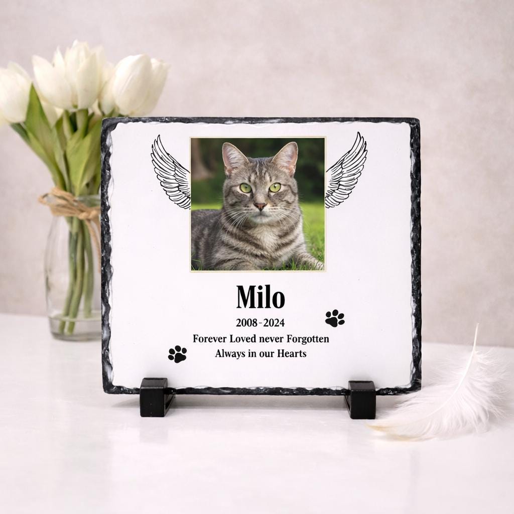 Personalised cat memorial slate with photo, angel wings, paw prints and remembrance poem