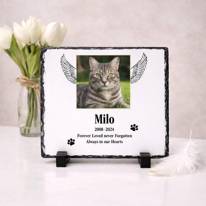 Personalised cat memorial slate with photo, angel wings, paw prints and remembrance poem
