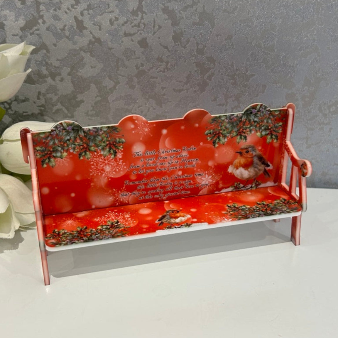 Personalised Christmas memorial bench with robin, holly and snowflake design