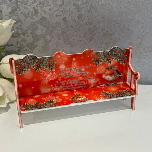 Personalised Christmas memorial bench with robin, holly and snowflake design