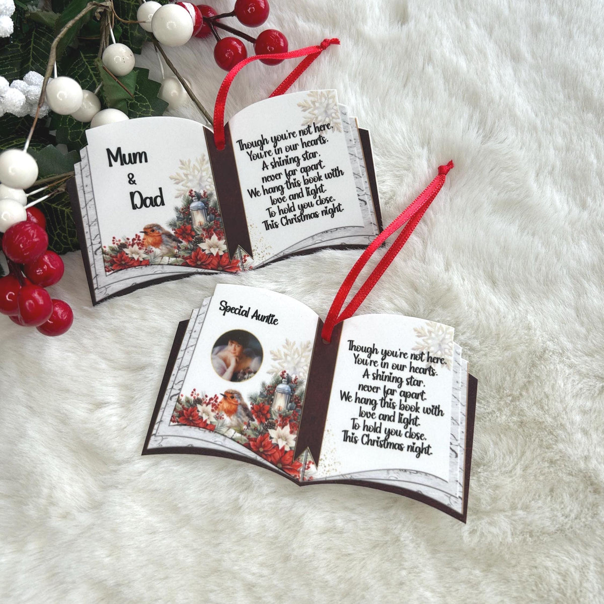 Personalised Christmas open book memorial hanging decoration