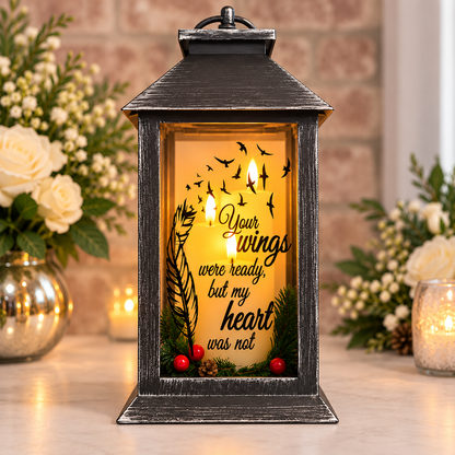 Personalised remembrance lantern featuring memorial wording, Christmas wreath and decorative bow