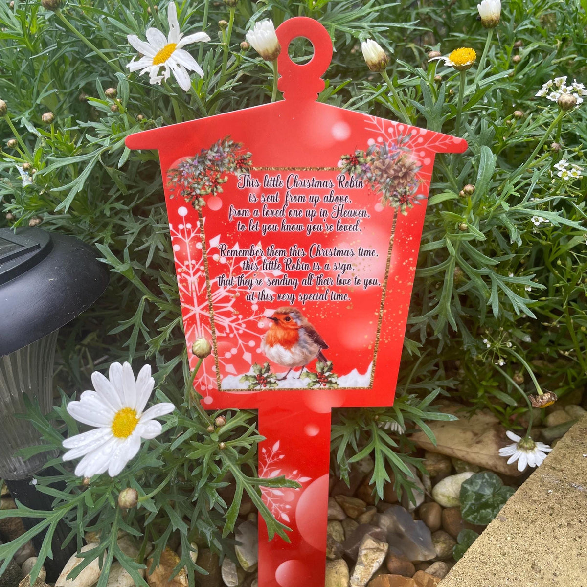 Personalised Christmas robin grave marker with lantern design