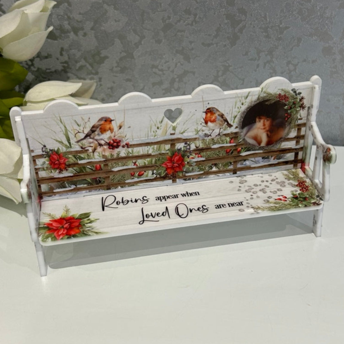 Christmas robin remembrance bench personalised with photo and Robins Appear When Loved Ones Are Near wording