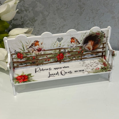Christmas robin remembrance bench personalised with photo and Robins Appear When Loved Ones Are Near wording